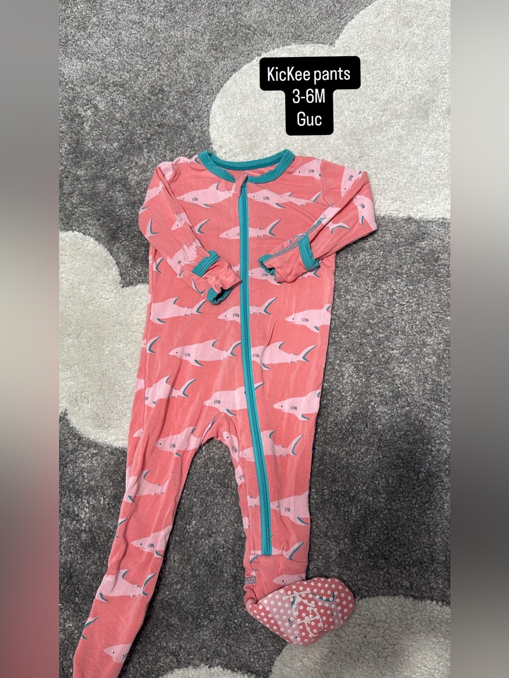 Kickee Pants Coral Pink Shark Print Zip Footie with Teal Trim